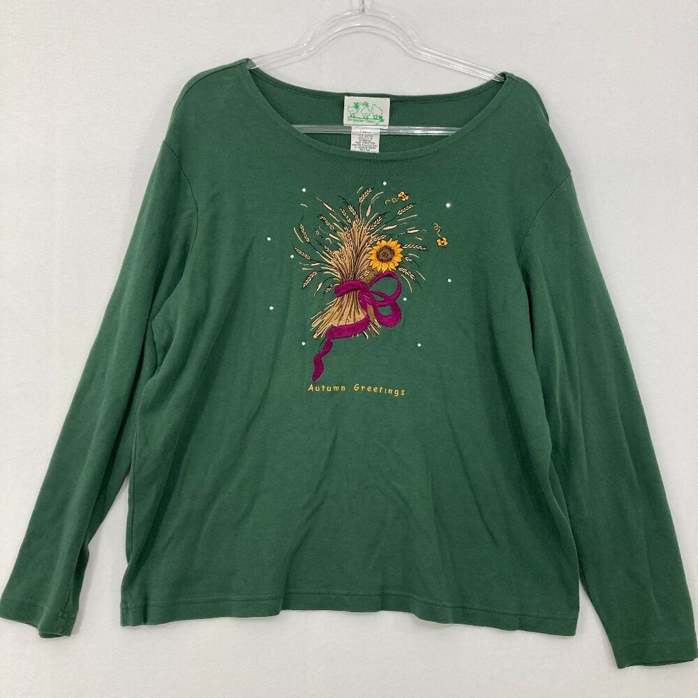 Vintage The Quacker Factory Large Green Floral Print Fall Cotton‎ Stretch Top